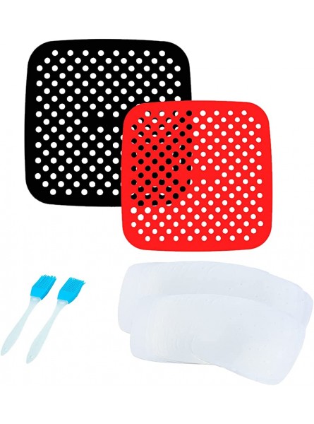 Kikuo 2 Pieces Air Fryer Liners Reusable Air Fryer Silicone Liners Food Grade Non-Stick Easy to Clean Square Silicone Replacement Air Fryer Accessories with Baking Brush Black Red - DNLP33J1