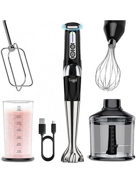 Toogel Immersion Blenders 4-in-1 Upgrated 21-Speeds USB Rechargeble Multi-angle Adjustment Cordless Hand Blender Stainless Steel Stick Blender with 700ml Mixing Beaker Food Chopper and Whisk - JXCCAQEJ