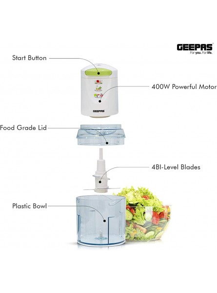 Geepas 400W Mini Food Processor – 500ml Food Chopper 4 Bi-Level Stainless Steel Double Blades for Blending & Chopping – Perfect for Salads Salsa Pesto Curry Pastes & More – 2 Year Warranty - XZIZ6TF4