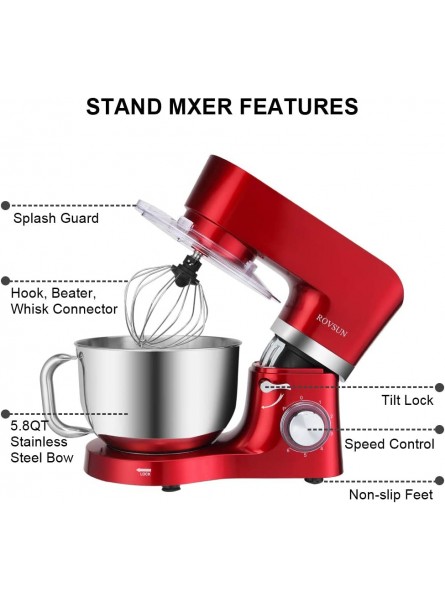 Bonnlo 5.8 Quart 5.5L Stand Mixer 1500W Electric Kitchen Food Mixer with 6-Speed Stainless Steel Bowl Dough Hook Beater Whisk for Cake Baking Red - KPMLA5EK