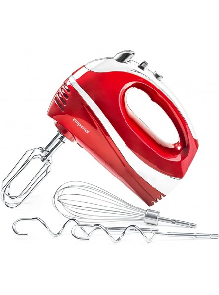 Emperial Hand Mixer 300W with Chrome Beaters Dough Hooks & Balloon Whisk 5 Speeds with Turbo Button Red - GSCUGUMI