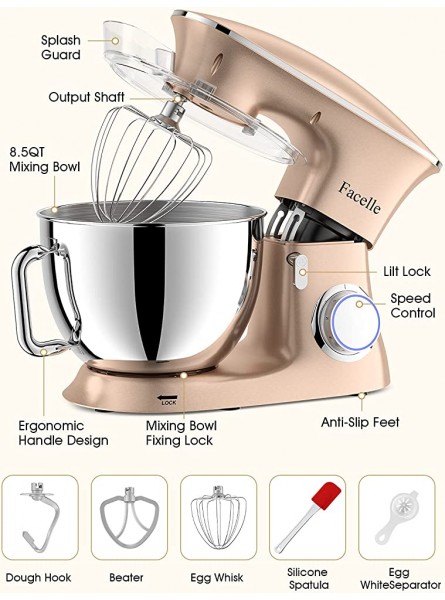 Facelle Stand Mixer 8.5 Quart Electric Mixer 1500W 6-Speed Tilt-Head Kitchen Electric Food Mixer with Beater Dough Hook and Wire Whip Champagne - MTJDXD0G