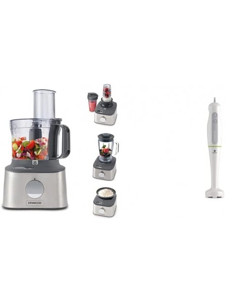 Kenwood Multipro Compact+ FDM312 SS 5-in-1 Compact Food Processor 800 W & Hand Blender One Speed Mixer with Turbo Triblend Wand Anti-splash 600 W HDP100WG White - JTTWDI8A