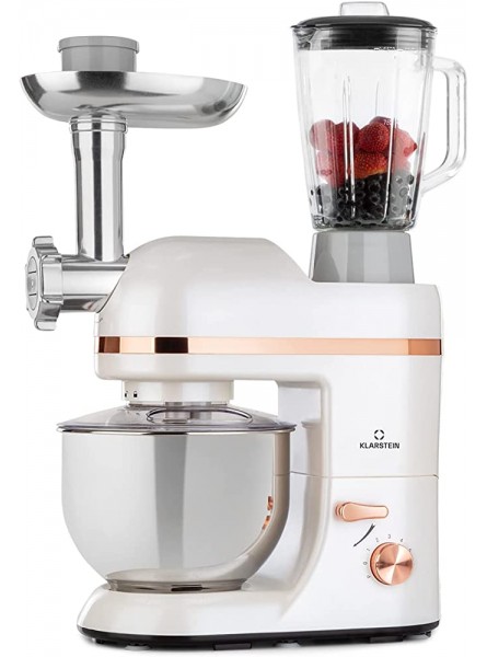 Klarstein Lucia Elegance Stand Mixer Food Processor and Blender Meat Grinder 1300 Watts in 6 Power Levels Pulse Function 5 l Stainless Steel Bowl 1.5 l Glass Mixer Jug White - ARJVTQ6D