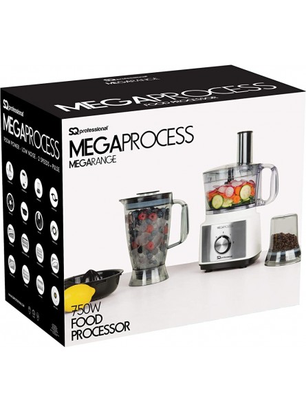 SQ Professional MegaRange MegaProcess Food Processor 750w 2.0L Mixing Bowl 1.8L Blending Jug Grinding Mill White-Black - RXQY3OS1