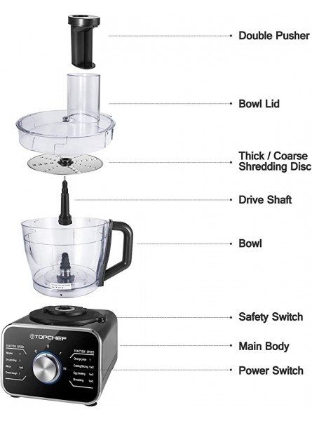 Topchef 1100W Multifunctional Food Processor Mixer Crusher Grinder Citrus Juicer Kneading Dough Blades with 3.2 L Bowl 1.5 L Mixing Cup Black - WCIB0J48
