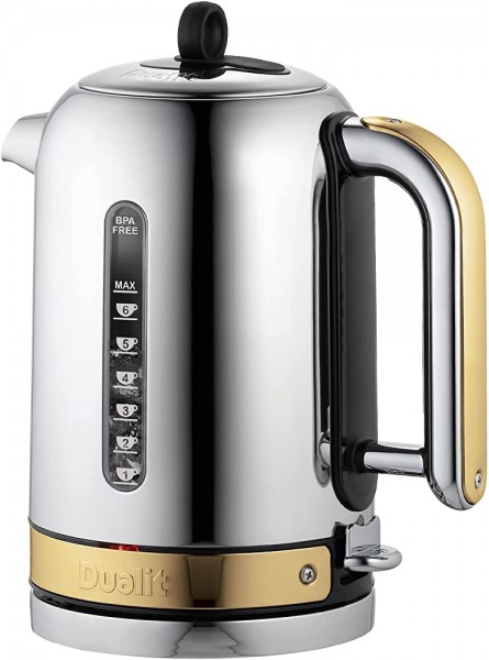 Dualit Classic Kettle Polished Stainless Steel with Brass Trim Quiet boiling kettle 90 Second Boil Time 1.7L Capacity, 2.3 kW - IEHGFTID