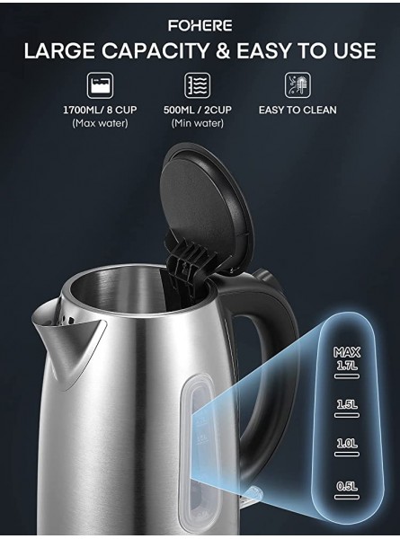 Electric Kettle FOHERE 3000W Fast Boil Kettle with Stainless Steel Filter 1.7L Wide Easy Fill Opening Auto Shut-Off and Boil-Dry Protection Perfect Pour Spout Cordless 360 Degree Base - RFDMKDUH
