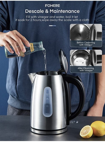 Electric Kettle FOHERE 3000W Fast Boil Kettle with Stainless Steel Filter 1.7L Wide Easy Fill Opening Auto Shut-Off and Boil-Dry Protection Perfect Pour Spout Cordless 360 Degree Base - RFDMKDUH