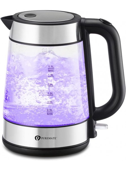 PureMate 3000W Cordless Electric Glass Kettle 1.7L Rapid Fast Boil Kettle with Blue lllumination Light & UK Strix Control Swivel Base Flip Top Lid Removable & Reusable Filter - AYIAVRPO