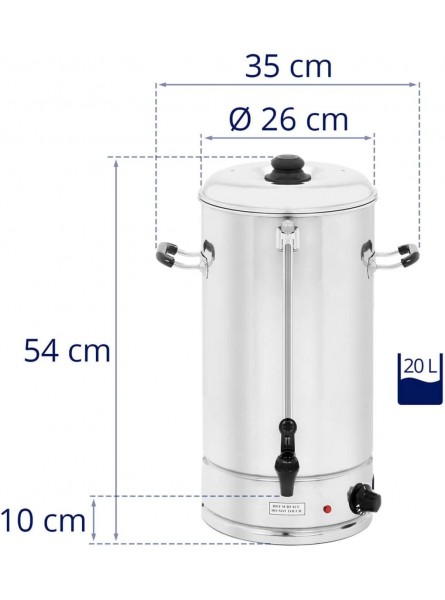 Royal Catering Instant Hot Water Dispenser Urn RCWK 20L Total Capacity 20 L Operating Capacity 16.5 L 140 Cups 2,500 Watts 30-100 °C Stainless Steel - OEXOTFH1