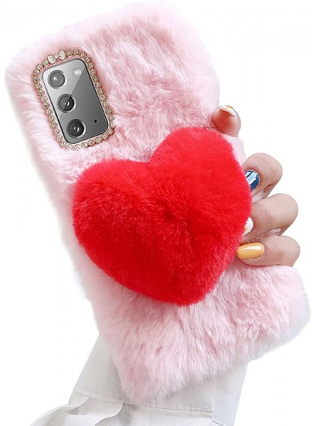 Jorisa Cute Plush Case for Samsung Galaxy A52 5G,Furry 3D Love Heart Soft Fluffy Fuzzy Winter Warm Girls Women Case Faux Rabbit Fur Hair Bling Glitter Diamond Silicone Cover,Pink + Red - GUWL2FUP