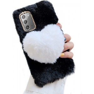 Jorisa Cute Plush Case for Samsung Galaxy A71 5G,Furry 3D Love Heart Soft Fluffy Fuzzy Winter Warm Girls Women Case Faux Rabbit Fur Hair Bling Glitter Diamond Silicone Cover,Black + White - XMXL27PO