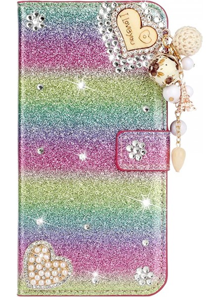 Jorisha Glitter Wallet Case for Samsung Galaxy S21 FE 5G,Bling Sparkle Diamond Leather Card Holder Stand Case Shiny Rhinestone Flower Gems Pearl Love Heart Cover with Tassel Pendant,Rainbow Pink - DHOT8TM6