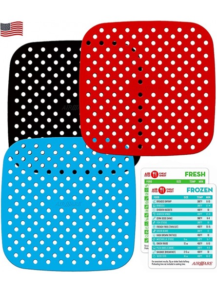 Airware Aeromats The Original Reusable Silicone Air Fryer Liners | 3 Pack Plus Magnetic Cheat Sheet | USA Designed | Air Fryer Accessories For COSORI POWER XL CHEFMAN DASH AND MORE 7.5" Square - XYSI9PRY
