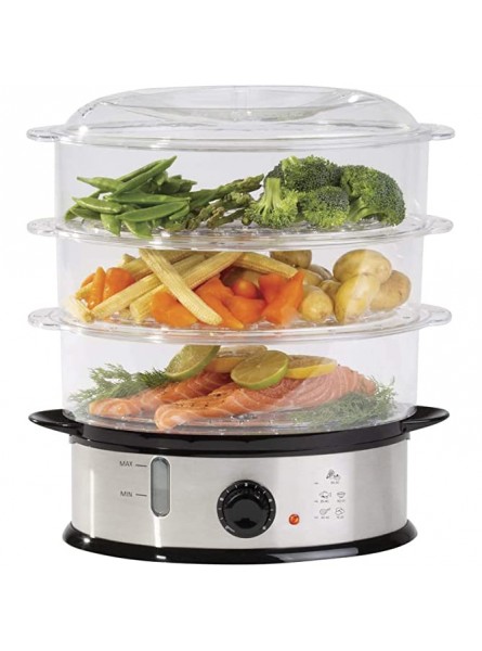 3 Layer Food Steamer 1200W 9L Electric Vegetable Steamer with Rice Bowl Stainless Steel with Black Dial Water Level Indicator and Steam 0-30 Minutes Automatic Shut Off Dishwasher Safe Tiers - WBCLBSHN