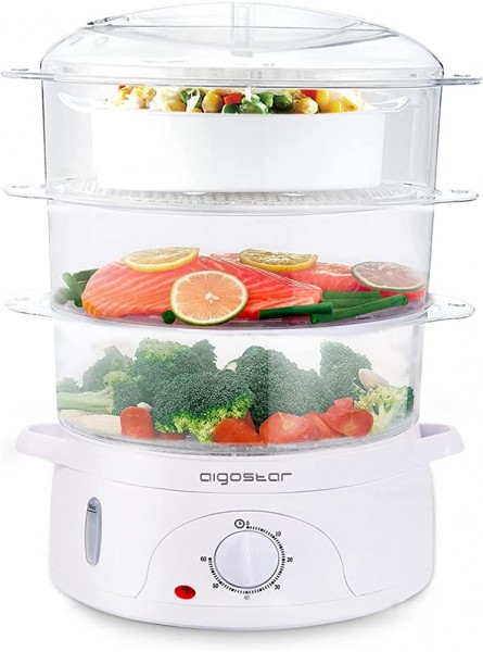 Aigostar 3 Tier Food Steamer Electric Vegetable Steamer with BPA Free 9 Litre 60 Minute Timer 800W Energy Saving White - VZZMKOV2