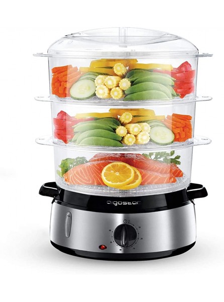 Aigostar 3 Tier Food Steamer Electric Vegetable Steamer with BPA Free Baskets and Rice Bowl 9 Litre Stainless Steel Base 800W Energy Saving Silver - QQVJ74TI