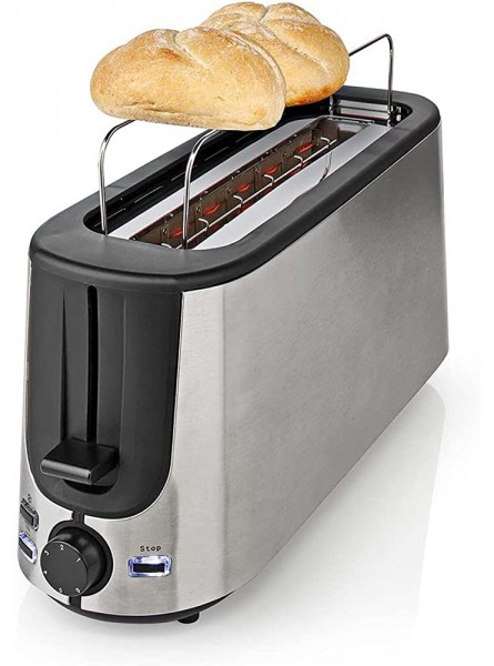 Ex-Pro Long Slot Toaster Long Slice or 2 Slice Stainless Steel Toaster with Bun Warming Rack 6 Browning Levels Removeable Crumb Tray Defrost and Reheat 1000W - RCYSMUY9