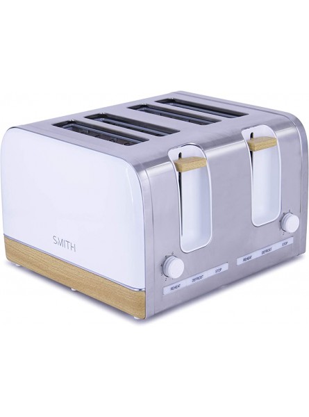 Smith-Style Premium Toaster 4 Slice Chrome & Wooden Effect Decoration with Wide Slots Independent 2 Slice Controls & Slide Out Crumb Tray 6 Browning Settings & Centre Function White Silver - DTQQ9AE3