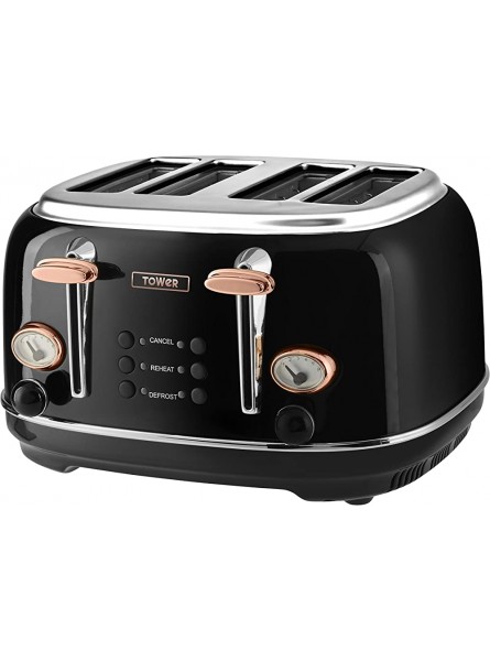 Tower Bottega T20017 4 Slice Stainless Steel Toaster with Variable Browning Control Defrost and Reheat Settings Black and Rose Gold - VFKRD988