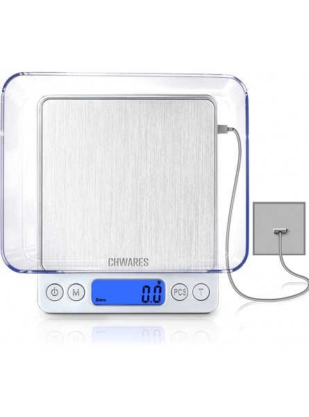 CHWARES Kitchen Scales with USB Rechargeable Digital Kitchen Scales 3kg  0.1g Food Scale Stainless Steel Electronic Scales Weighing Scales Back-Lit LCD Display,Tare Function,Waterproof Digital Scale - HROY5G81