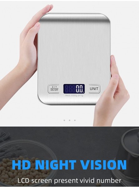 Digital Kitchen Scale Stainless Steel Electronic Digital Weighing Scale 1G to 5KG with Precise Accuracy for Cooking Baking Multi functional Food Scale with Backlit LCD Display for Home and Office - VAFUJ34I
