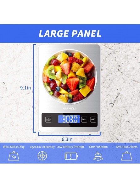 ERAVSOW Digital Kitchen Scales 33lb 15kg Electronic Stainless Food Scale for Cooking and Baking 1g Accuracy and Back-lit LCD Display USB Cable and Batteries Included… - XMQV2EQS