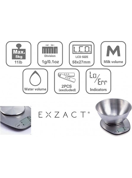 Exzact Electronic Kitchen Scale Stainless Steel Baking Scale Large Display Wet and Dry Food Weighing Scale with Stainless Steel Mixing Bowl Easy Switch Between Imperial and Metric Max 5 KGS - PIRKNKGX
