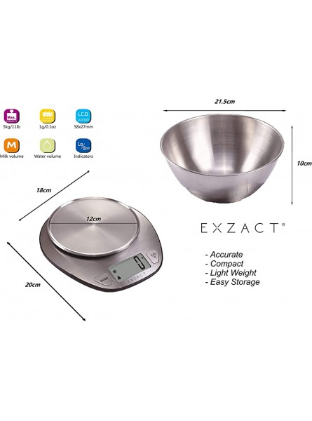 Exzact Electronic Kitchen Scale Stainless Steel Baking Scale Large Display Wet and Dry Food Weighing Scale with Stainless Steel Mixing Bowl Easy Switch Between Imperial and Metric Max 5 KGS - PIRKNKGX