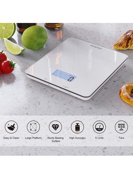 RENPHO Electronic Digital Kitchen Scales with Tare Function Food Weighing Cooking Scale for Baking and Calorie Counting Tempered Glass Platform with LCD Display 5 Units Conversion 5kg 11lb White - WHZQYMGO