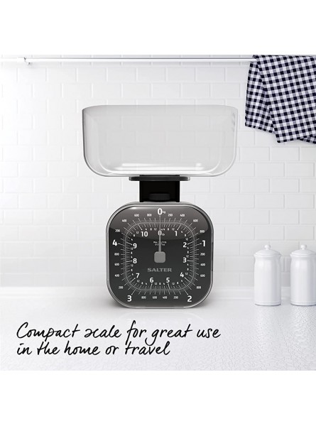 Salter 124 BKSVDR Compact Mechanical Cube Kitchen Scale 1.3L Dishwasher Safe Bowl No Batteries Required Metric Imperial Max. Weight 5KG 11lbs Analogue Easy to Read Clock Face Style Scales Black - ITVA1GPF