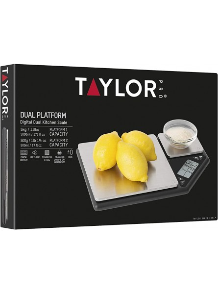 Taylor Pro Digital Kitchen Food Scales with Dual Platform Weighing Design Professional Standard with Precision Accuracy and Tare Function Brushed Stainless Steel Black Silver 5 kg Capacity - UOXEGR3S